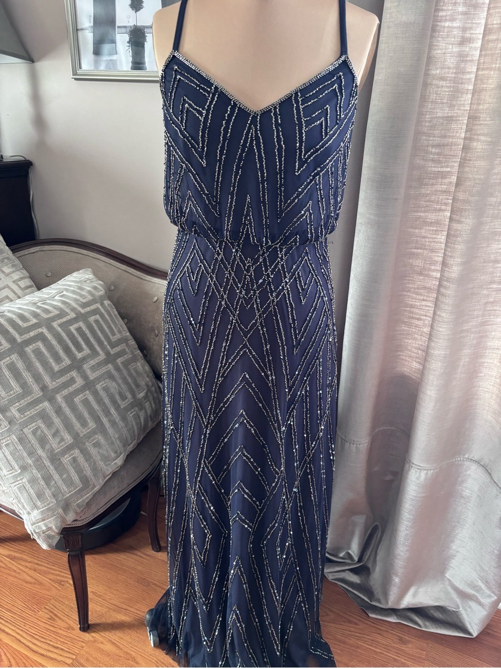Adrianna Papell Art Deco Beaded Blouson Maxi Gown Navy Size 8